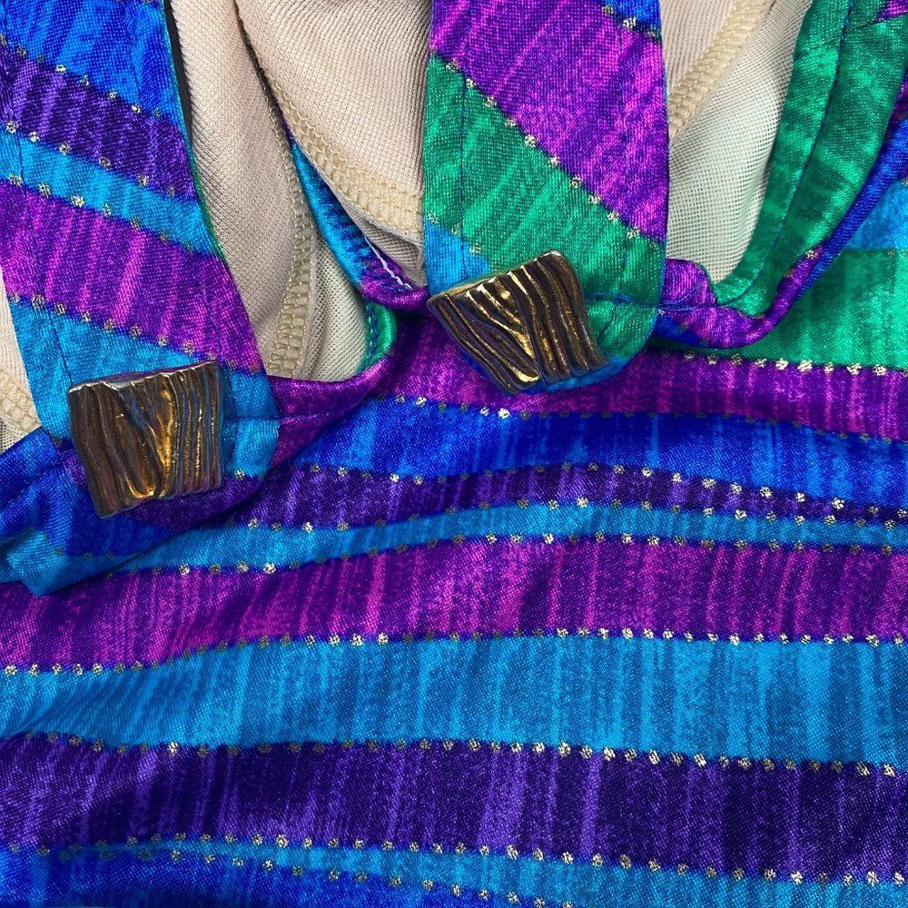 Vintage 80s Striped Multicolor Metallic Retro One Piece Swimsuit Bodysuit - Picture 2 of 9